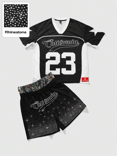 Street Life Set di magliette da uomo, design americano da strada, stile sportivo, pantaloncini con vita a doppia fascia e strass a forma di ramo d'albero