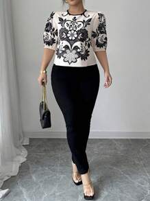 Elenzga 加大码圆领扎染复古图案拼色短款上衣，优雅短袖衬衫，适合春夏季度假，新款时尚修身摄影衬衫