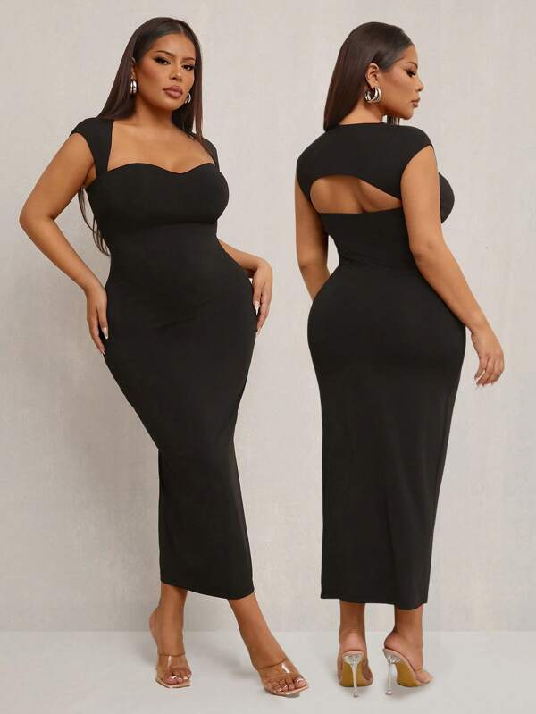 SHEIN SXY Robe midi moulante avec dos nu et décolleté en V élégante et sexy pour femmes grandes tailles. Convient pour la saison des mariages, les carnavals romantiques, les vacances, les déplacements, la remise des diplômes, les rendez-vous, la Saint-Valentin, la croisière, les enterrements de vie de jeune fille, les soirées en club, décontractée, pour le shopping, la sortie, facile à assortir et affinante. Met en valeur la silhouette.