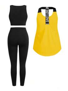 Easithlete Easithlete Conjunto deportivo de mujer con bloques de color impresos, ropa de gimnasio y entrenamiento atlético - Amarillo - Ver 5