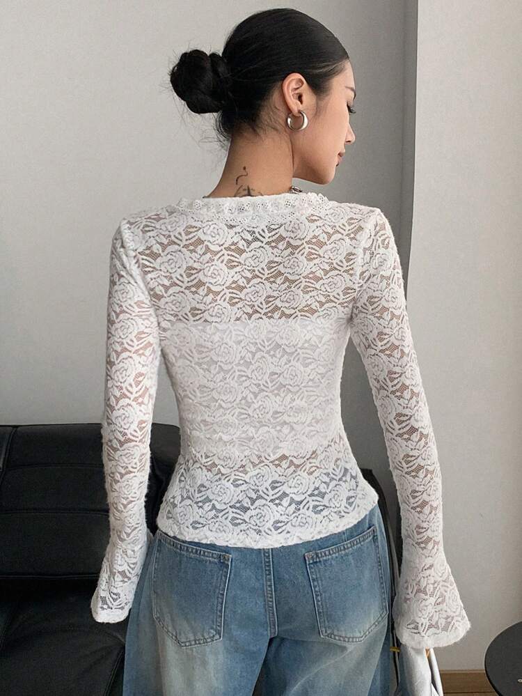 V-Neck Lace Bell Sleeve Semi-Sheer White Elegant Short Women Top Long Sleeve Women Tops,Fall Women Clothes Vacation