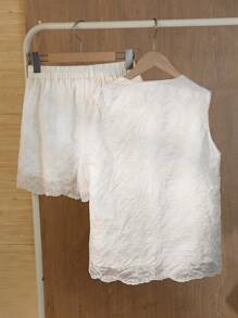 2 件套女式白色传统刺绣背心和短裤套装，休闲户外度假 - 白色 - 查看 2