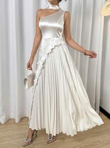 Modelyn Waisted Pleated Hem Sexy Elegant Long Dress - Apricot - View 1