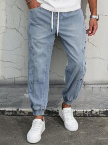 Manfinity LEGND Pantalones vaqueros informales para hombre con cintura ajustable con cordón y pierna entallada