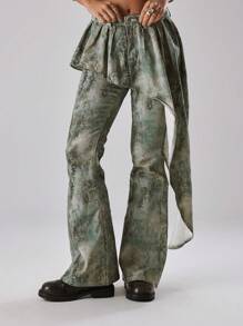 MUSERA Flare Print Jeans With Asymmetrical Frill Overlay Skirt Summer Holiday Vacation Ibiza Festival Rave Cool Girl Shipwrecked Concert Spring - Multicolor - View 1