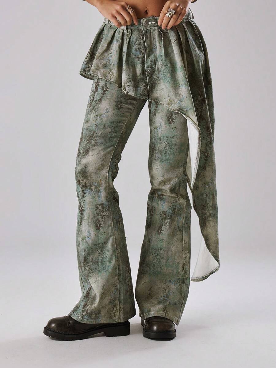 MUSERA Flare Print Jeans With Asymmetrical Frill Overlay Skirt Summer Holiday Vacation Ibiza Festival Rave Cool Girl Shipwrecked Concert Spring - Multicolor - View 1