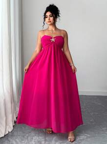 Elenzga Plus Size Chiffon Starfish Print Halter Asymmetrical Hem Dress For Ladies, Vacation - Red Violet - View 3