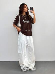 Coolane 女款街头风 Y2K 酷炫活动字母印花撞色短袖黑色 T 恤 - 棕色 - 查看 2