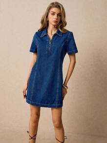 Poéselle Women's Short Sleeve Zip Up Half Placket Casual Denim Dress Women's Denim Dress Zipper Front Short Sleeves Shirt Collar Summer Women Outfit Summer Women Dresses Boho Summer Dress Beach Women Dresses Summer Clothes Spring Women Outfits Western Wear Women Spring Women Dresses Spring Dress Summer Women Clothes Festival Outfits Y2k Clothes Cowgirl Women Outfits Summer Outfits Spring Clothes Western Women Clothes Work Women Clothes