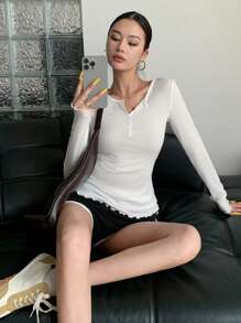 DAZY Maglietta a maniche lunghe trasparente basic con collo tondo e vestibilità slim, da donna