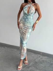 Aloruh 浪漫深垂领露背纹理花卉长裙，适合约会、春夏度假 - 彩色 - 查看 4