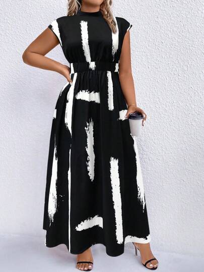 EMERY ROSE Plus prickig klänning med hög halsringning, maxiklänning för kvinnor