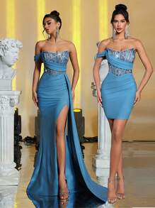 SHEIN Belle Elegant And Gorgeous Blue Embroidered Sequined Lace Stitching Elastic Knitted Fishbone Pressing Line Pleated Slit Fishtail Hip Skirt Side Floating Piece Suitable For Wedding Events Bachelorette Party Holiday Dinner Dance Homecoming Season Birthday Young Cocktail Tea Party Dress,Birthday Dress,Graduation,Teacher Outfits For Women,Teacher Dress - Blue - View 8