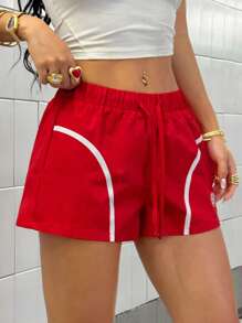 StreetHx 女士红白拼色刺绣运动超短裤 - 紅色 - 查看 3
