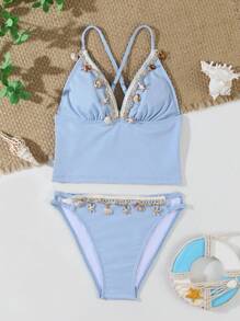 Tankinis für Tween Kleine Mädchen, 2 Stücke, einfarbig, gerippter Stoff mit Muschelquaste, geeignet für den Strandurlaub, Sommeroutfits für Kleine Mädchen, Sets für Kleine Mädchen, Badeanzüge für Teenager, Bikini-Sets für Teenager, Badeanzüge für Teenager, Bikini-Sets für Teenager, Bikini-Sets für Teenager, Western-Badeanzüge für Teenager