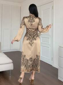 DAZY Damen Party Blume Muster Rundhals Langarm Farbblock Kleid, Herbst Feiertag Geburtstags Feier Hochzeitsgast Outfit