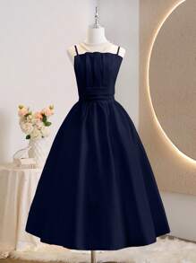 Elegant Sleeveless High Waist Maxi Solid Pleated Dress For Teens & Girls, Suitable For Wedding & Formal Events, White Series - Navy Blue - View 3