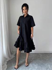Selianne 女士宽松艺术设计荷叶边拼接裙摆连衣裙，夏季 - 黑色 - 查看 5