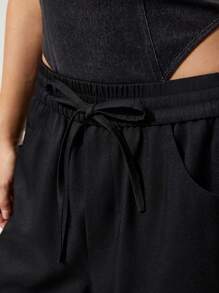 Menodora SHEIN Sport Pantalones largos casuales y sueltos de unicolor tejidos para mujeres - Negro - Ver 4