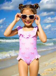 Young Girl Cute Bow Print Ruffle Neck One-Piece Swimsuit - Multicolor - View 1