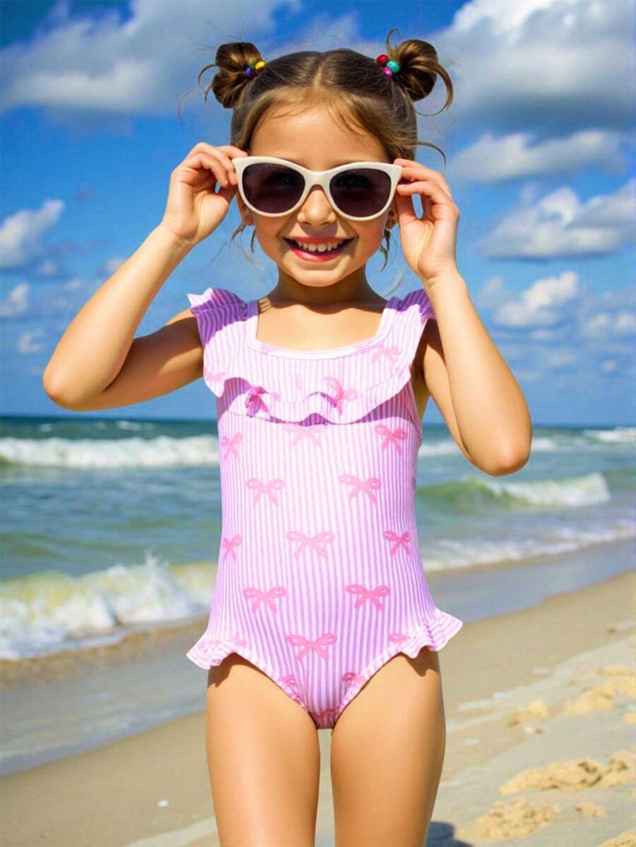 Young Girl Cute Bow Print Ruffle Neck One-Piece Swimsuit - Multicolor - View 1
