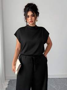 Elenzga Set de 2 piezas Talla grande Camisa informal elegante de tejido sólido sin mangas y Pantalones anchos de pierna de tejido sólido, Conjunto de ocio para mujer