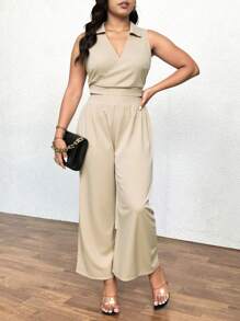 SHEIN Clasi Mono elegante de pierna ancha sin mangas de unicolor para mujer talla grande - Albaricoque - Ver 3