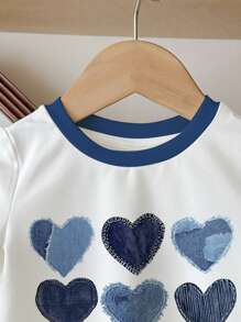 SHEIN Cute Heart Print Round Neck Short Sleeve T-Shirt, Casual Statement Tops For Girls, Easy Comfort, Kids' Daily Fashion, Casual Wear For Summer, Brunch-Ready, Princess Chic, Korean Style - Multicolor - View 4