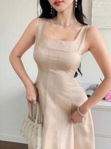 DAZY 春季长款吊带连衣裙，金色提花面料，高端质感，女士，返校季服装 - 米色 - 查看 5