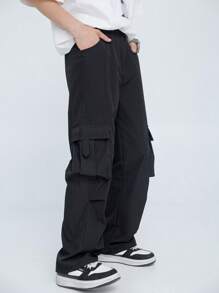 青少年男孩裤子 1 条装休闲 4 季实用直筒宽松黑色裤子，带 3D 口袋，百搭街头风格