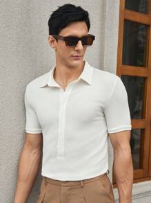 Mainfolk Men's Fitted Solid Color Short Sleeve Polo Shirt, Casual Everyday Wear - White - View 2
