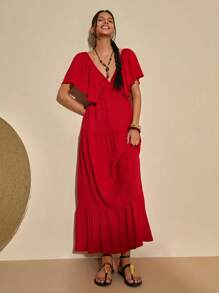 Bóhologie Vestido largo texturizado con escote en V y espalda descubierta, estilo bohemio