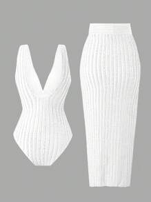 Swim Oasis 2 pezzi/set Costume da bagno da donna 2025 in tessuto texturizzato, monospalla senza maniche con schiena scoperta, con spacco e fiocco, costume da bagno per vacanze al mare