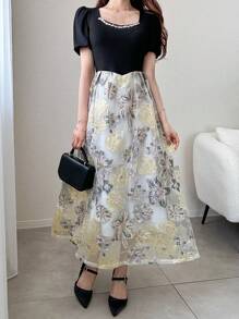 FRIFUL Damen langes Kleid mit Stoffpatchwork, strukturierter Jacquard-Diamant-Dekoration, Puffärmeln und geraffter Taille, Schlankheitskleid für den Sommer, geeignet für Geburtstage, Feiertage und Urlaub