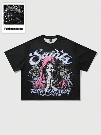 Street Life Men's Casual Street Style Figure & Slogan Print Short Sleeve T-Shirt, Summer