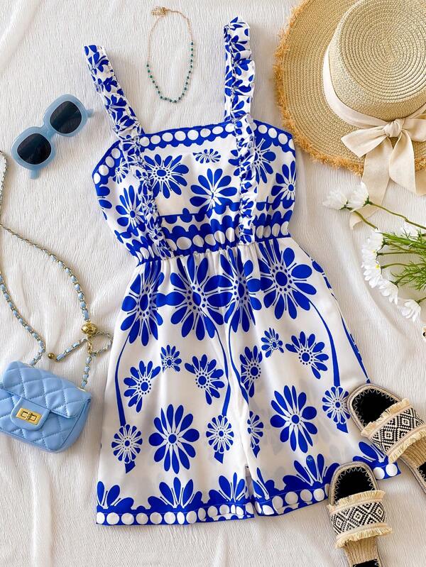Holiday Style Blue & White Print Short Jumpsuit For Women