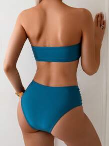 SHEIN Swim 2 قطعة/مجموعة ملابس سباحة بيكيني نسائية صيفية للشاطئ والعطلات بلون موحد مع تصميم مجعد وتوب بدون حمالات - ازرق مخضر - مشاهدة 8