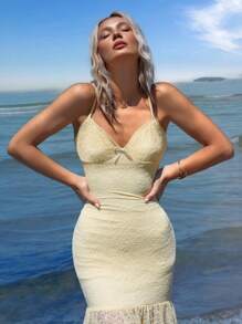 SHEIN ICON Summer Beach Hawaiian Sexy Going Out Yellow Elegant Lace Dress With Spaghetti Straps, Summer - Yellow - View 5