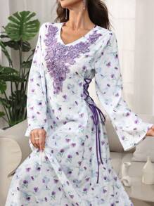 Al Najma V-Neck Arabic Style Colorblock Floral Print Flared Sleeve Dress, Spring/Summer - Purple - View 6