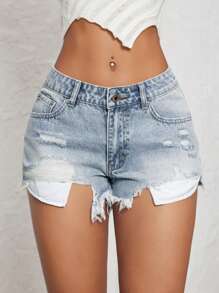 SHEIN ICON Einfache zerrissene ausgefranste Saum Taschen Sommer sexy Jeans Shorts