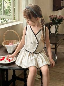 LMoss Kids LMoss 2pcs Set Young Girl Woven Contrast Color Vest And Skirt - Black and White - View 6
