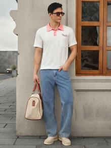 Manfinity VCAY Men's Casual Knit Letter Embroidered Loose Raglan Short Sleeve Polo Shirt - Multicolor - View 5