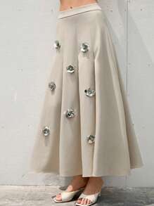 SHEIN Privé Váy dài chữ A thon gọn thời trang mới thanh lịch đa năng sang trọng cao cấp xếp li kim loại họa tiết hoa 3D cho nữ - Màu be - Xem 4