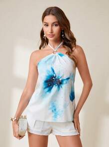 SHEIN Unity Women's Elegant Floral Print Rhinestone Accent Tropical Beach Vacation Style Halter Top - Blue and White - View 4