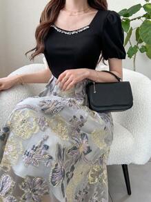 FRIFUL Damen langes Kleid mit Stoffpatchwork, strukturierter Jacquard-Diamant-Dekoration, Puffärmeln und geraffter Taille, Schlankheitskleid für den Sommer, geeignet für Geburtstage, Feiertage und Urlaub