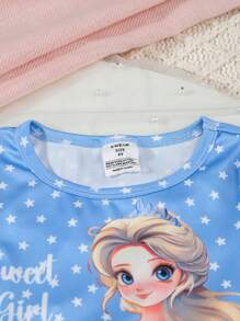 SHEIN Conjunto de pijama ajustado de 4 piezas con estampado de corazón y estrella para niña, con top de manga corta y pantalones, en estilo princesa rosa y azul