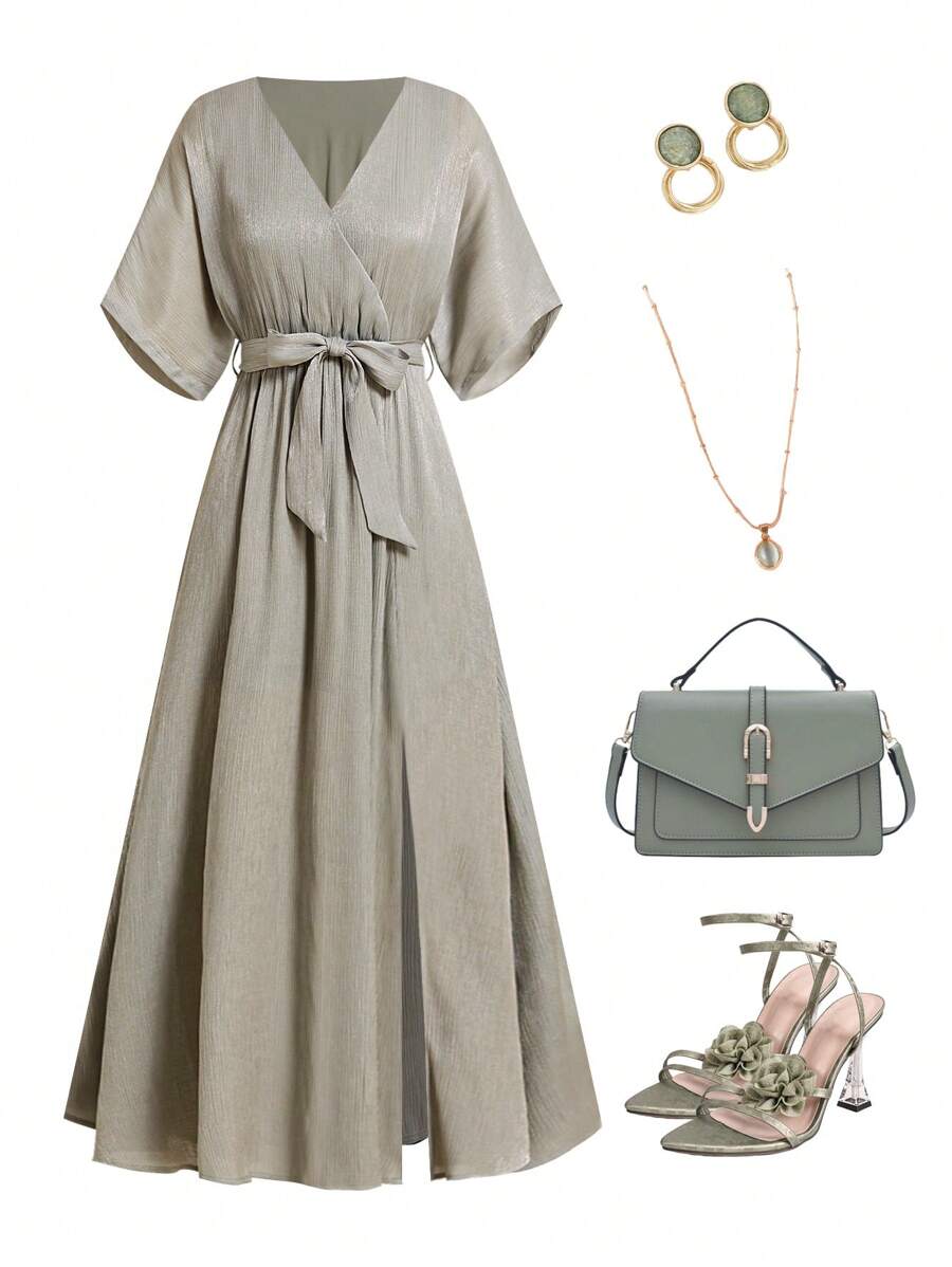 Ellevyn Summer Elegant Women's Shiny Overlapping V-Neck Wrap With Slit Elastic Waist Strap And A-Line Extra Long Exquisite Dress - Green - View 1