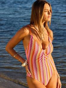 Aralina Boho Festival Zigzag Pattern Ruche Front One Piece Swimsuit With Swim Bag For Summer Beach Vacation - Multicolor - View 12