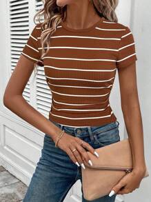 Easowa Athleisure 运动跑步骑行慢跑篮球运动服，女式圆领腰部褶皱黑白条纹休闲舒适修身 T 恤 - 咖啡棕 - 查看 5