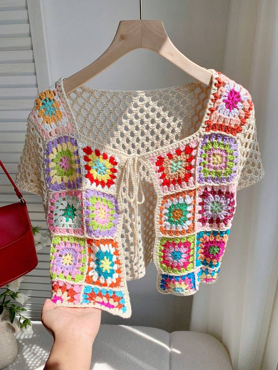 Comfortcana Cárdigan corto de verano para mujer con detalle de crochet y cierre delantero